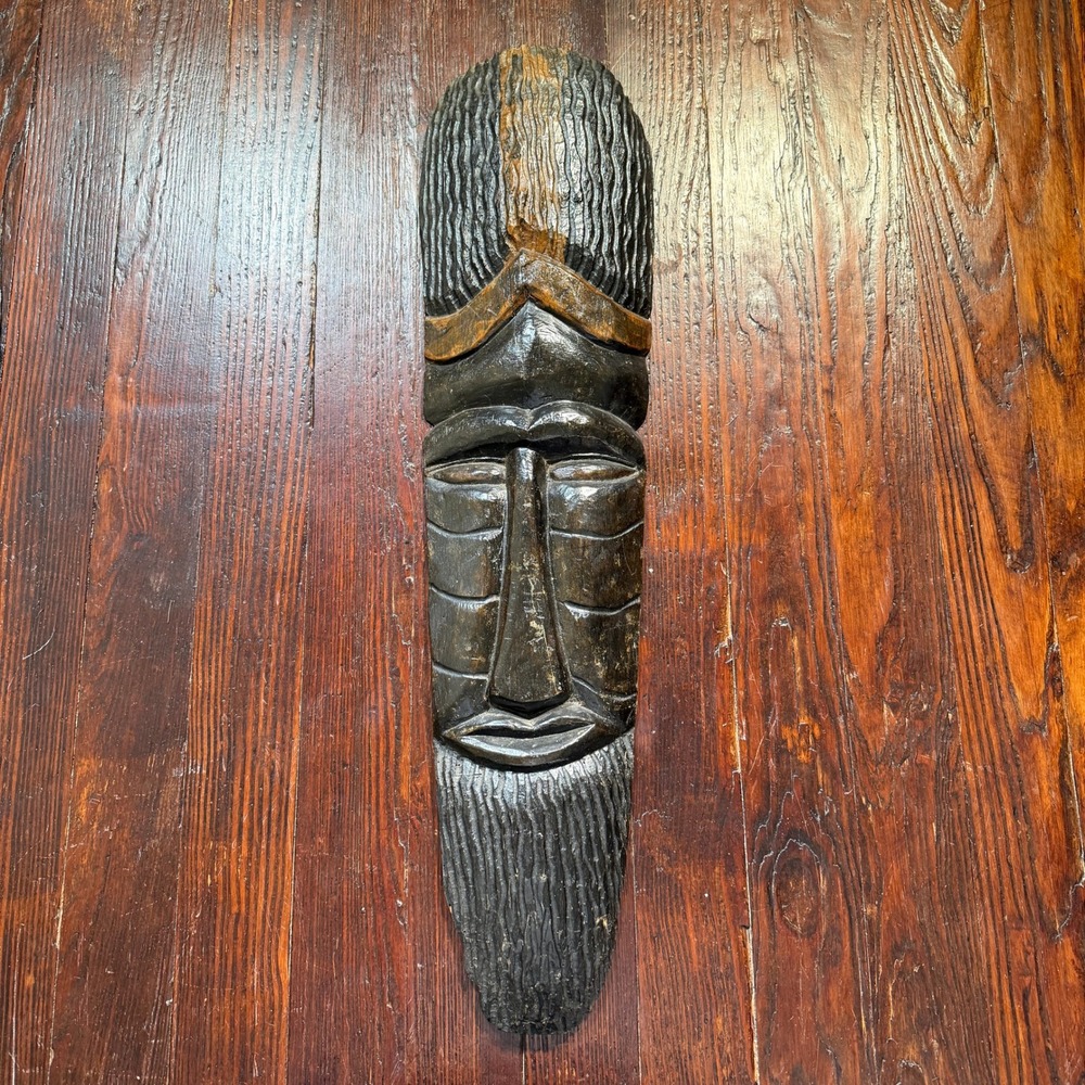 Vintage Hand Carved Wood Tiki Tribal Wall Mask Dark Brown Elongated Folk Art 30"